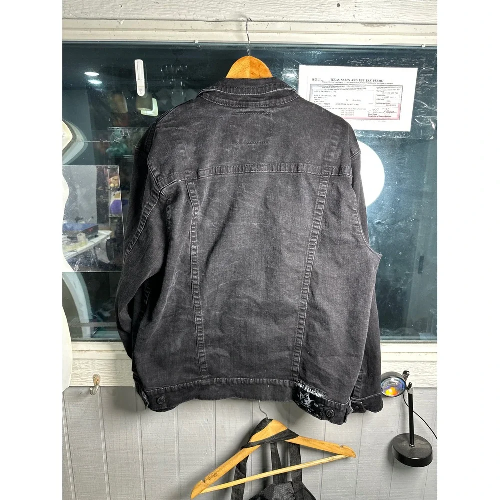 True Religion Mens Washed Black Denim Trucker Jacket Horseshoe Stitch 3XL